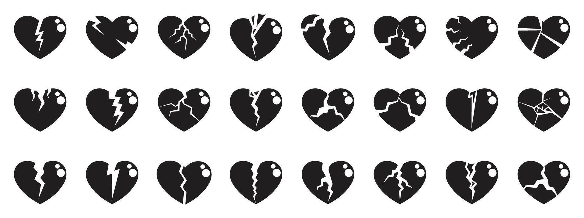 Cracked heart icons set. Collection of broken heart icons representing lost love and sadness vector
