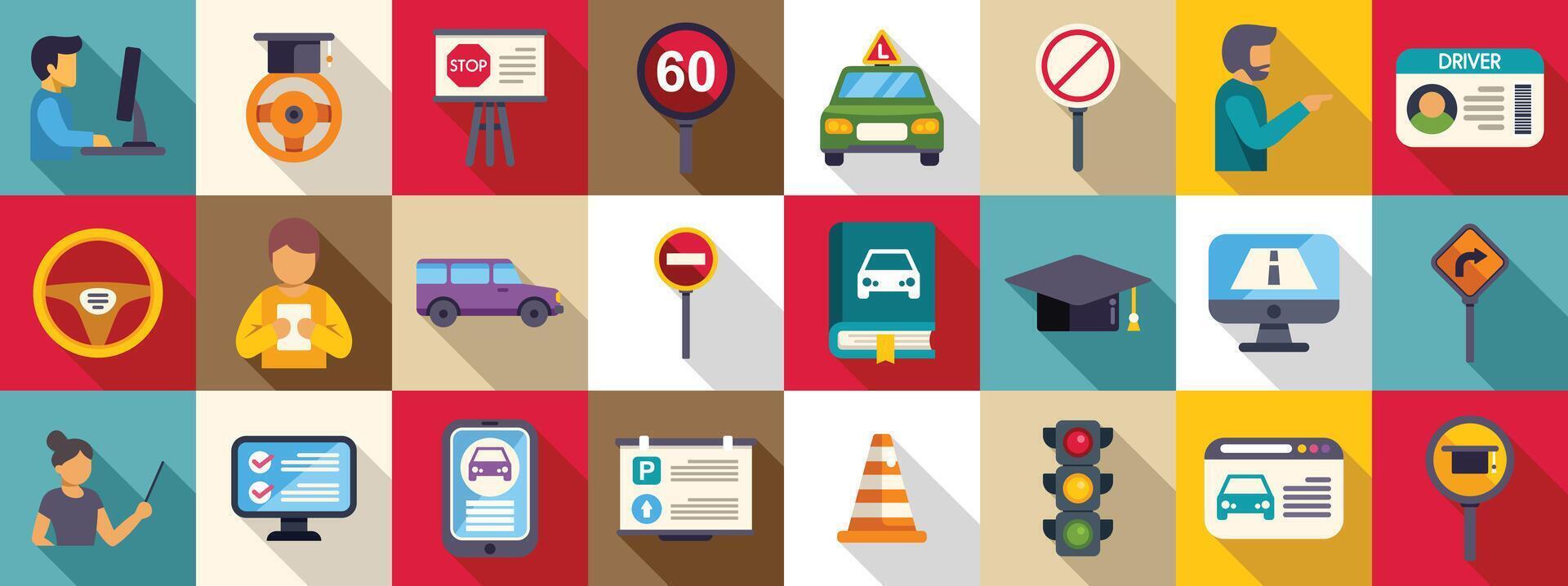 Driving school lessons icons set. Driving school icons showing learning, studying, and road safety vector