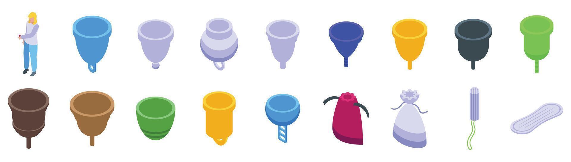 Menstrual cup icons set. Woman holding menstrual cup, various menstrual cups, sanitary pad and tampon icons vector