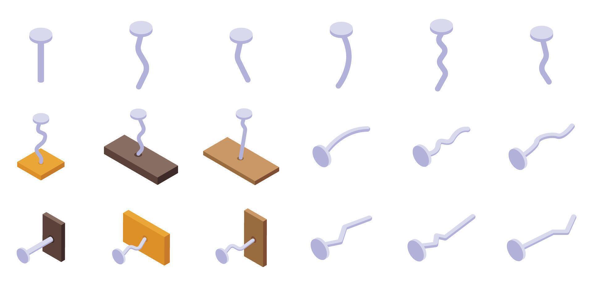 Hammered stainless nails icons set. Set of nails and boards with nails, bent and straight, in isometric view vector