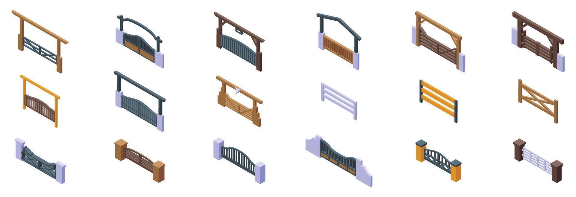 Ranch gate icons set. Different types of gates representing security, access, and entrance to property vector