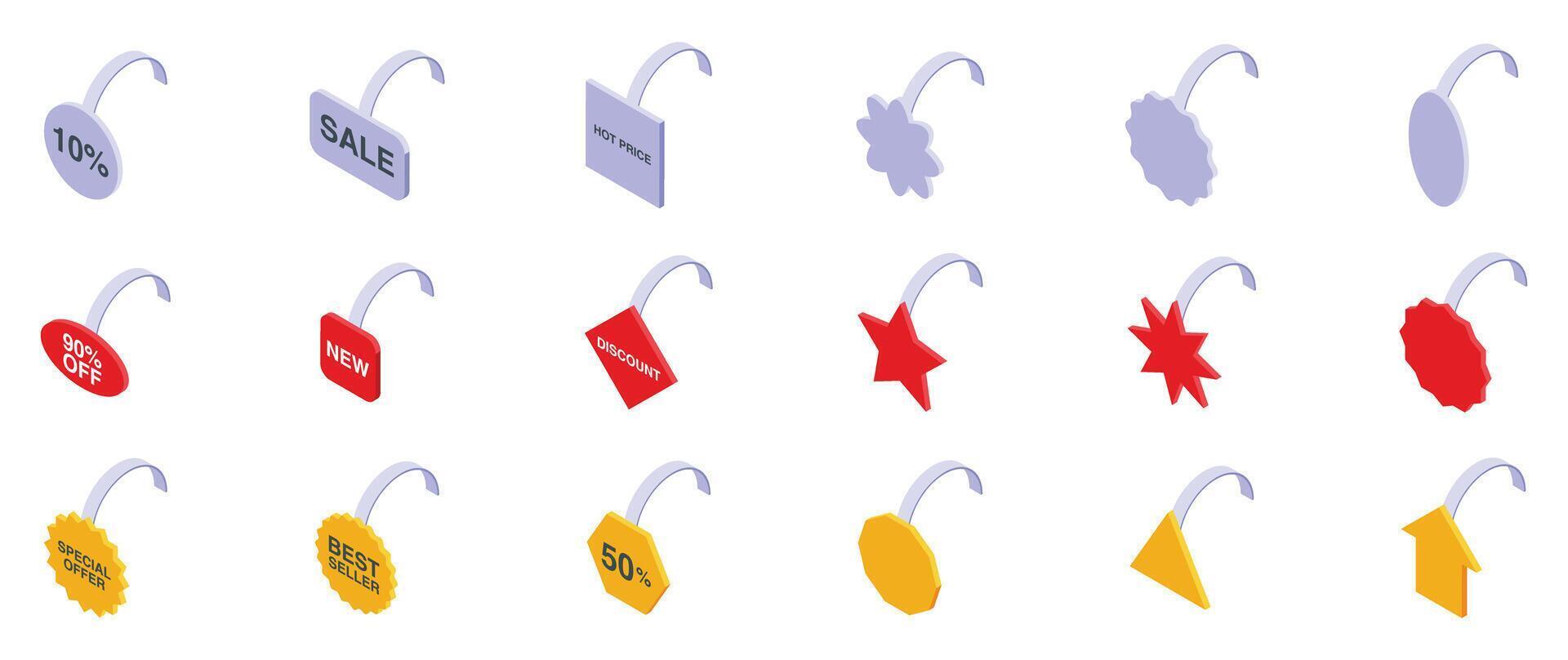 Advertising shelf wobbler icons set. Wobblers showing discounts, sales, and special offers for retail marketing vector