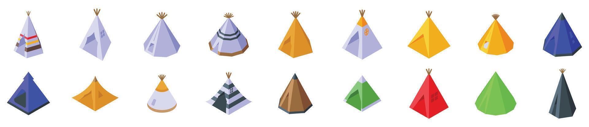 Teepee tent icons set. Wigwams or teepees representing native american culture in various colors and styles vector