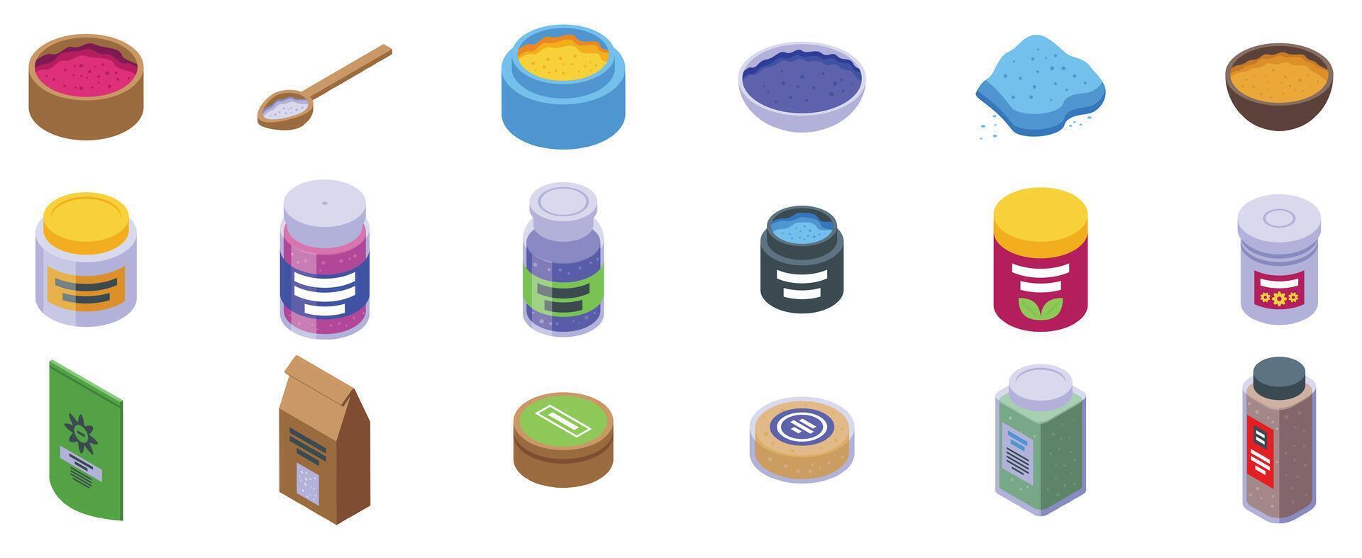 Spa sea salt icons set. Mineral fertilizers providing essential nutrients for healthy plant growth vector