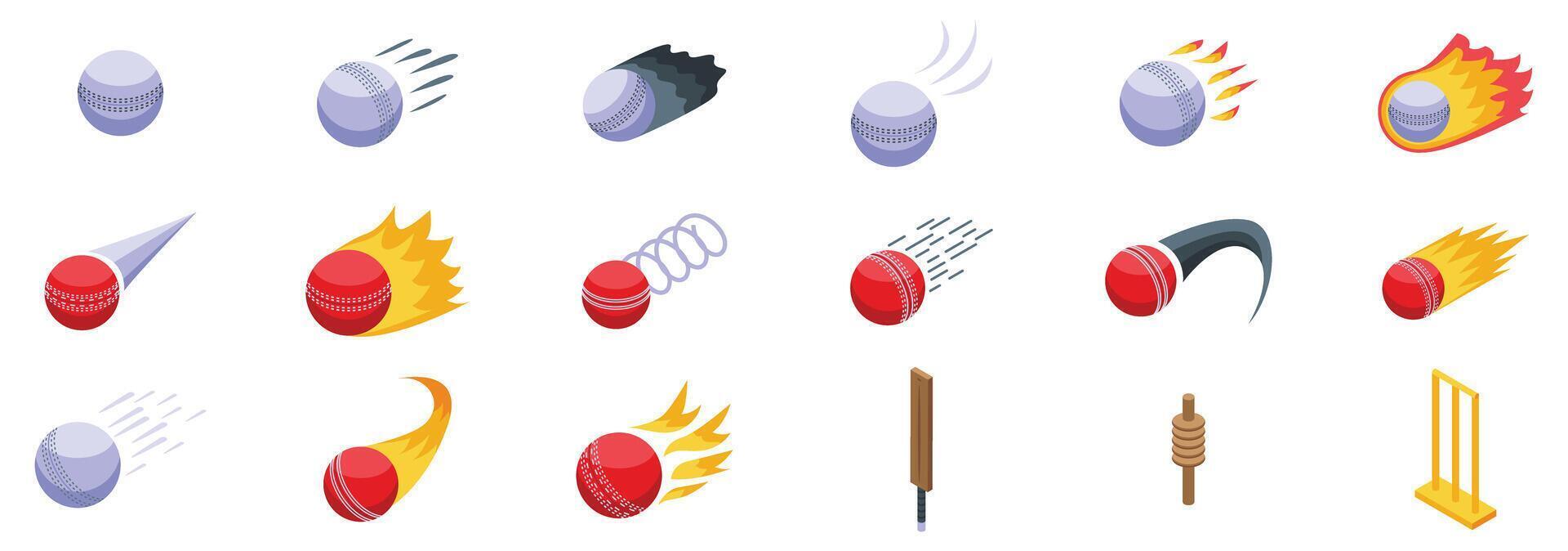 Flying cricket ball icons set. Cricket ball moving with wicket and bat icons set isometric view vector