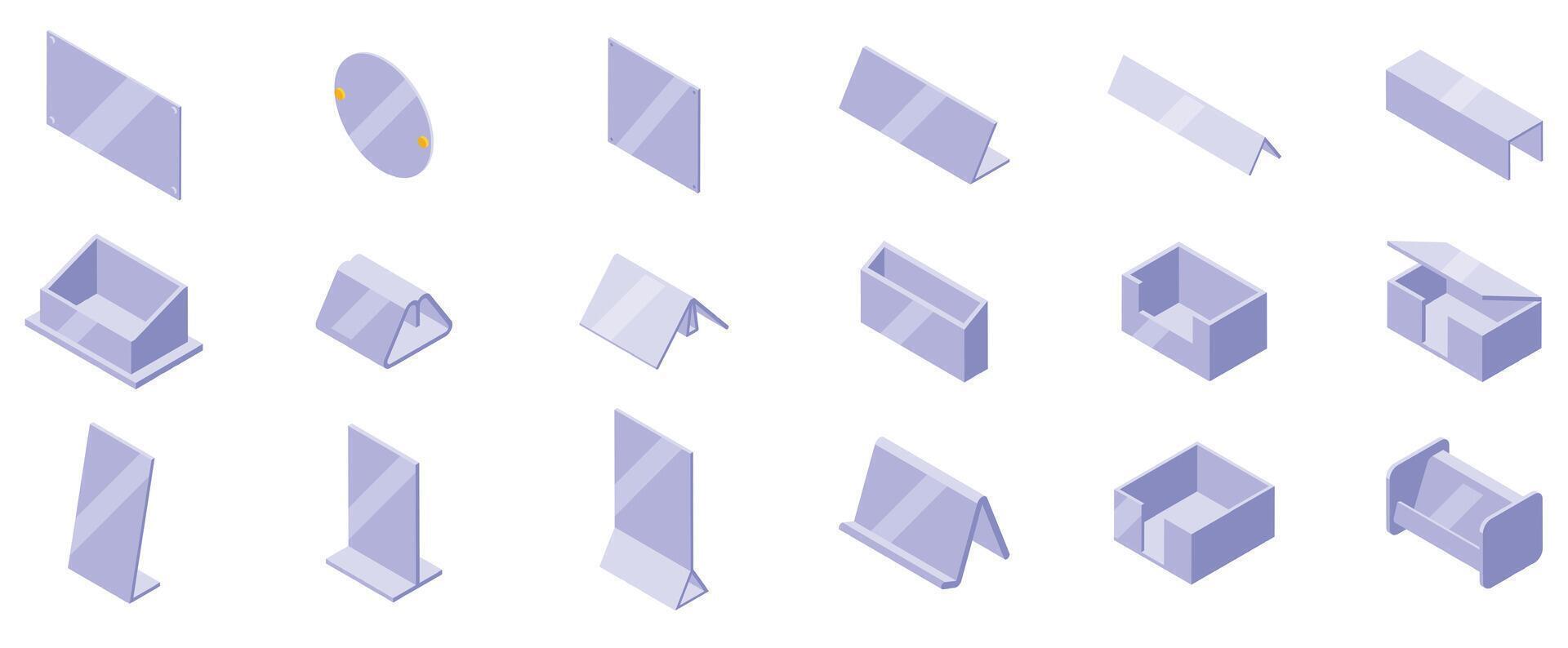 Acrylic nameplate icons set. Acrylic holders and stands in various shapes and sizes displaying information and products vector