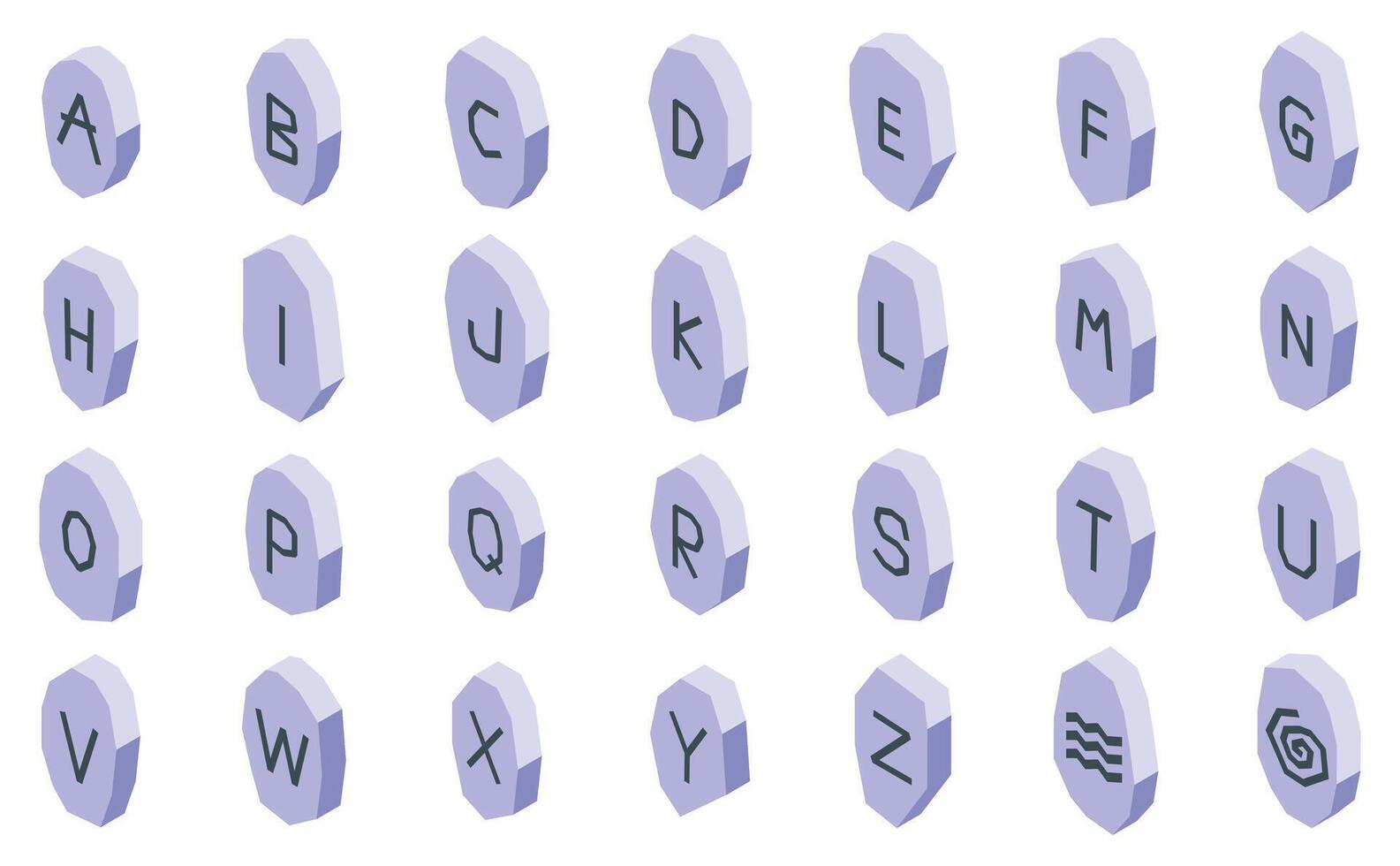 Rune stones icons set. Isometric rune stones alphabet showing english letters and symbols vector