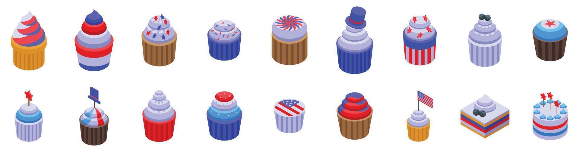 4th july cupcake icons set. Set of delicious cupcakes celebrating independence day with stars and stripes decorations vector