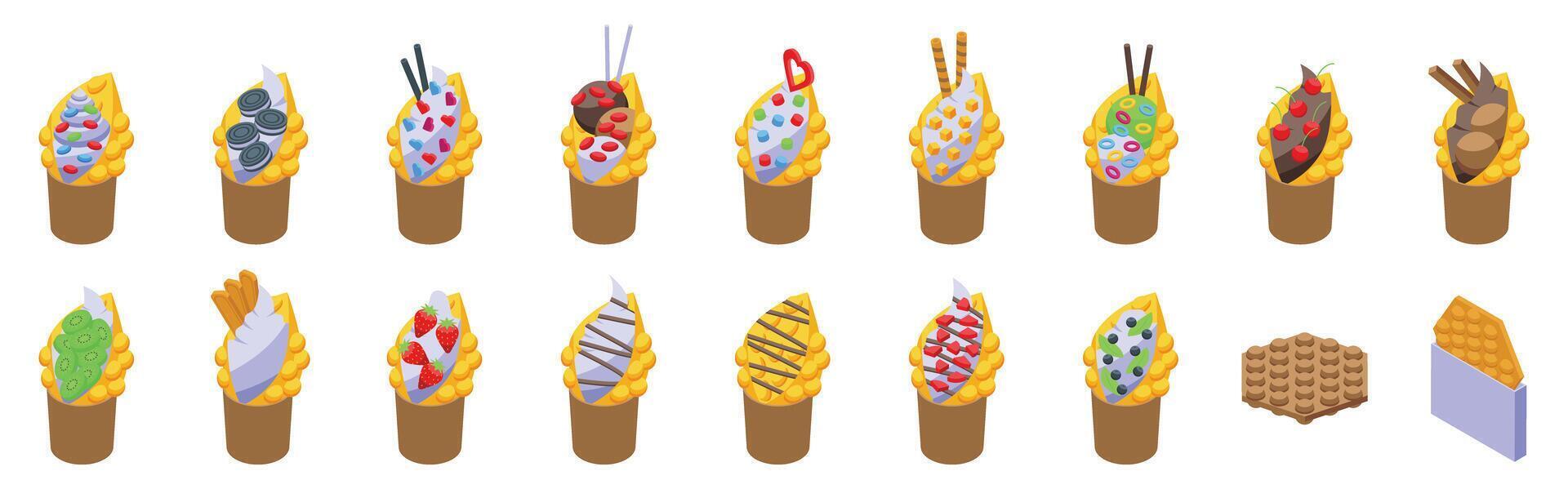 Hong kong waffle icons set. Bubble waffle dessert icons showing variety of sweet toppings in isometric view vector