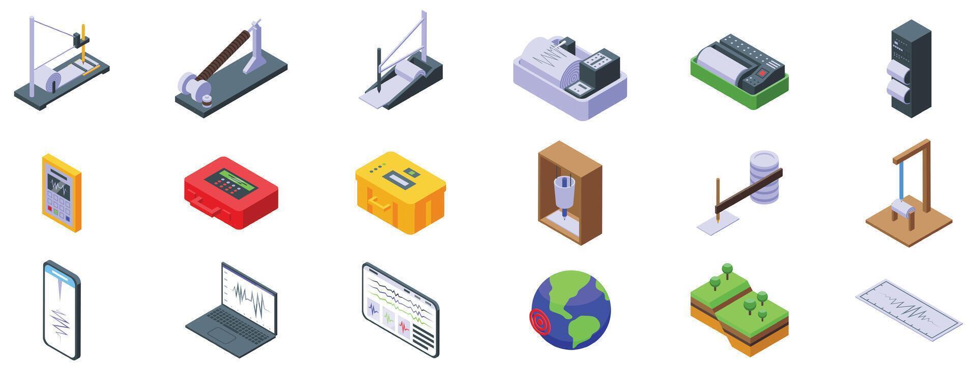 Seismograph icons set. Seismograph recording showing ground motion during earthquake for seismic surveying vector