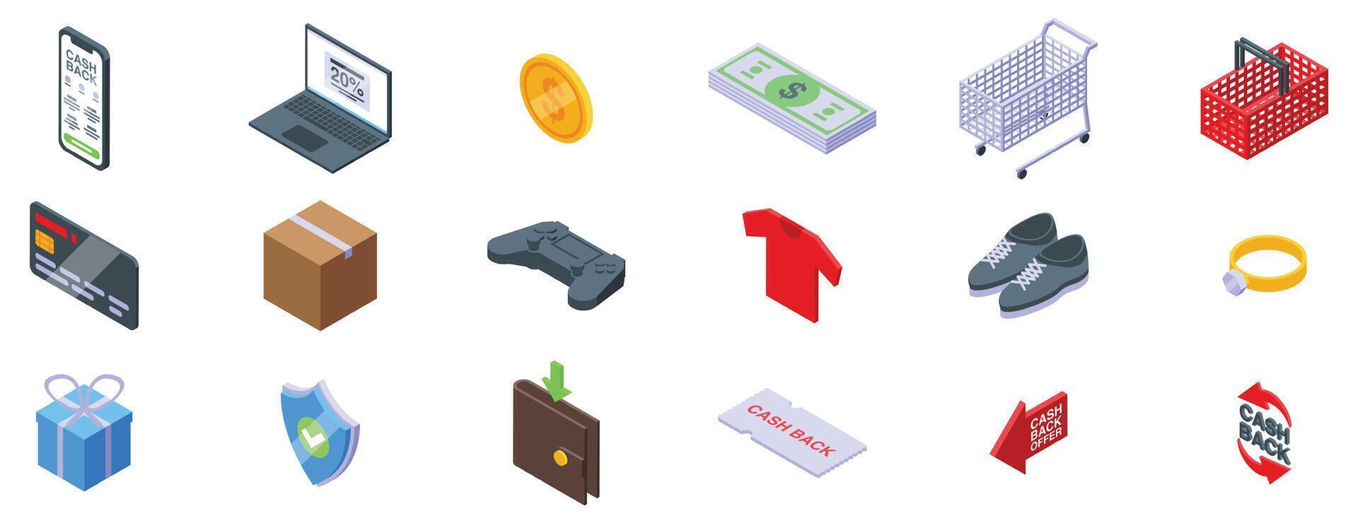 Cash back offer icons set. Cash back icons showing refunding and discounting shopping money vector