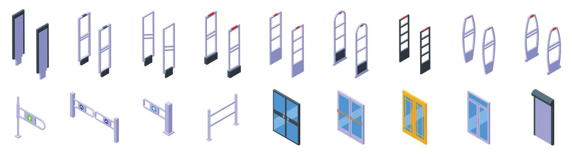 Shop entrance gate icons set. Security gates and doors protecting buildings and stores vector