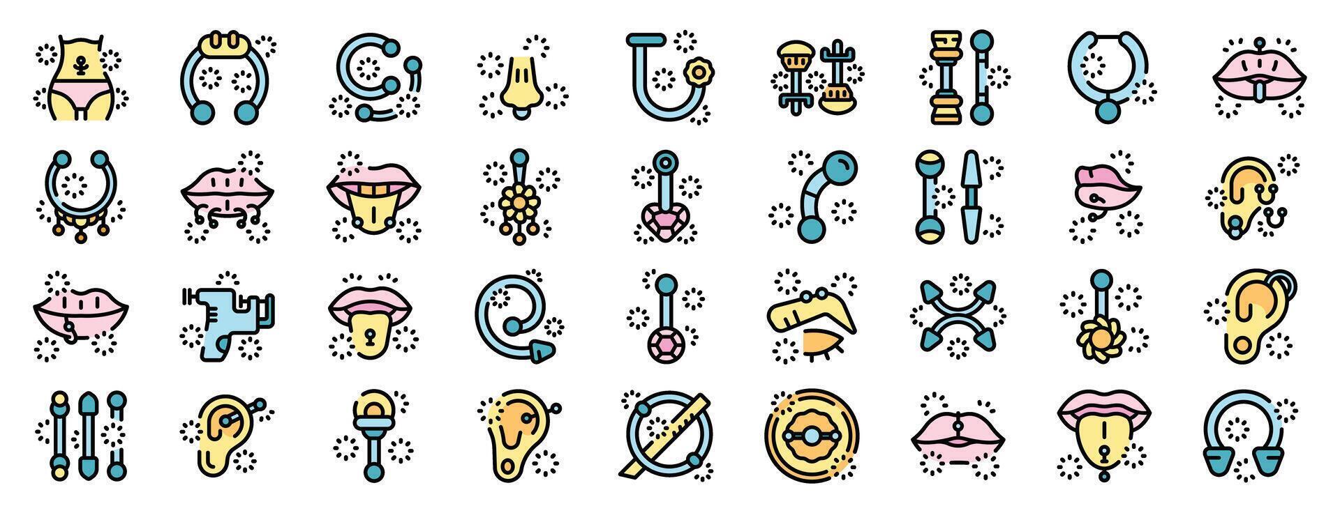 Piercing icons showing body modification with needles, jewelry, and pierced body parts vector