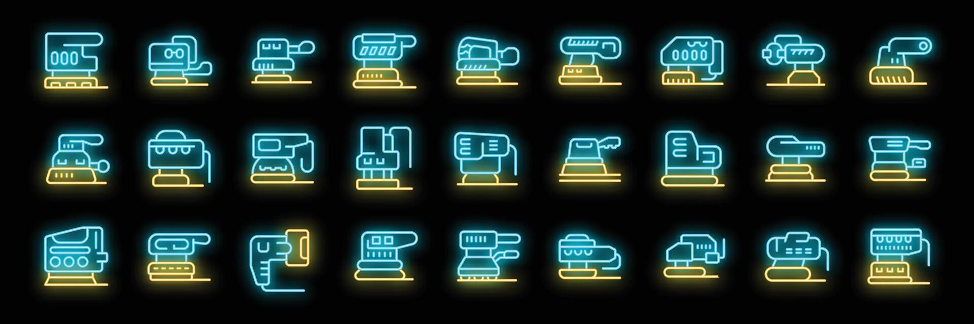 Orbital sander neon icon set showing different types of sanders for woodworking and metalworking vector