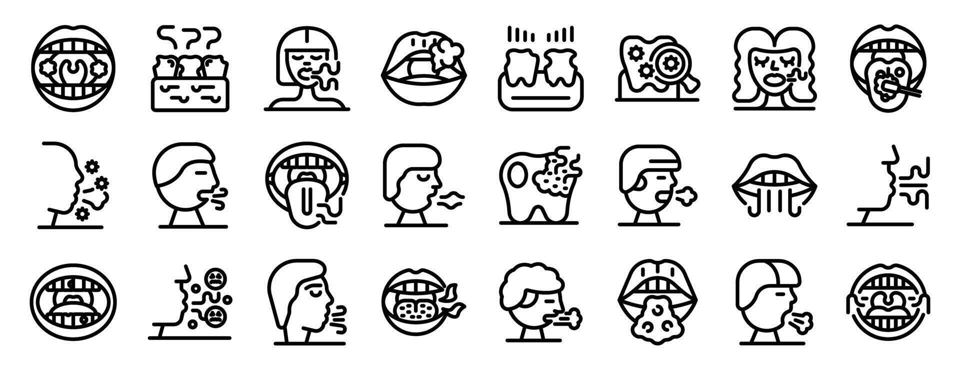 Halitosis icons set. Halitosis and bad breath causes and symptoms icons showing oral hygiene issues vector
