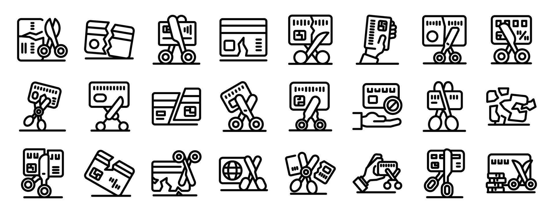 Cutting credit card icons set. Scissors cutting credit card, expired, declined, canceled, damaged payment icons vector