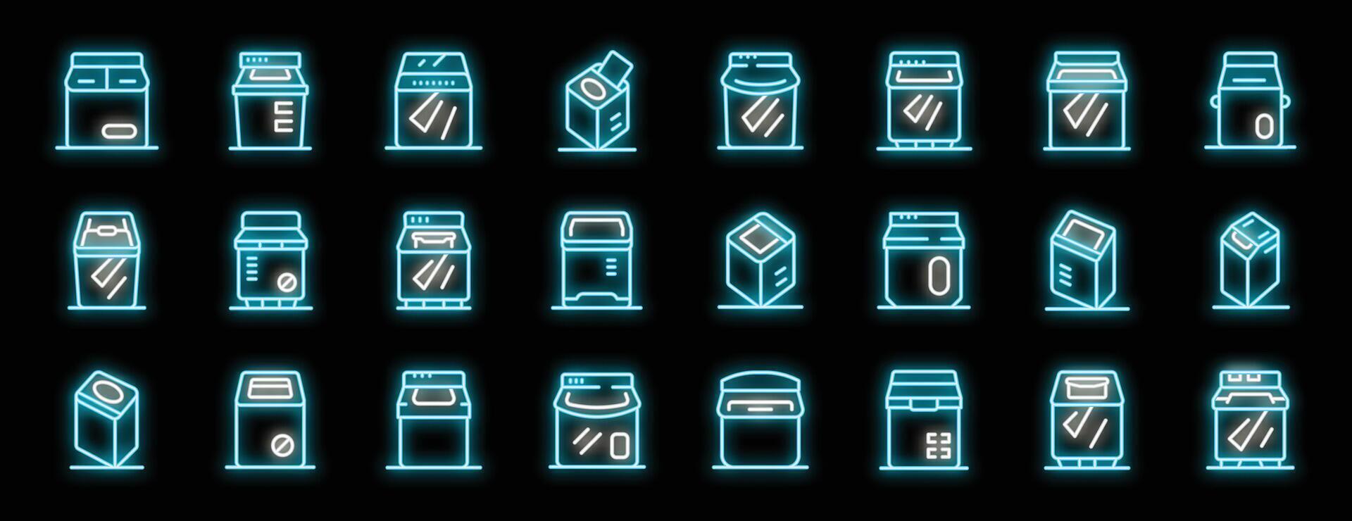 Neon icons of milk and juice packaging showing different types and sizes vector