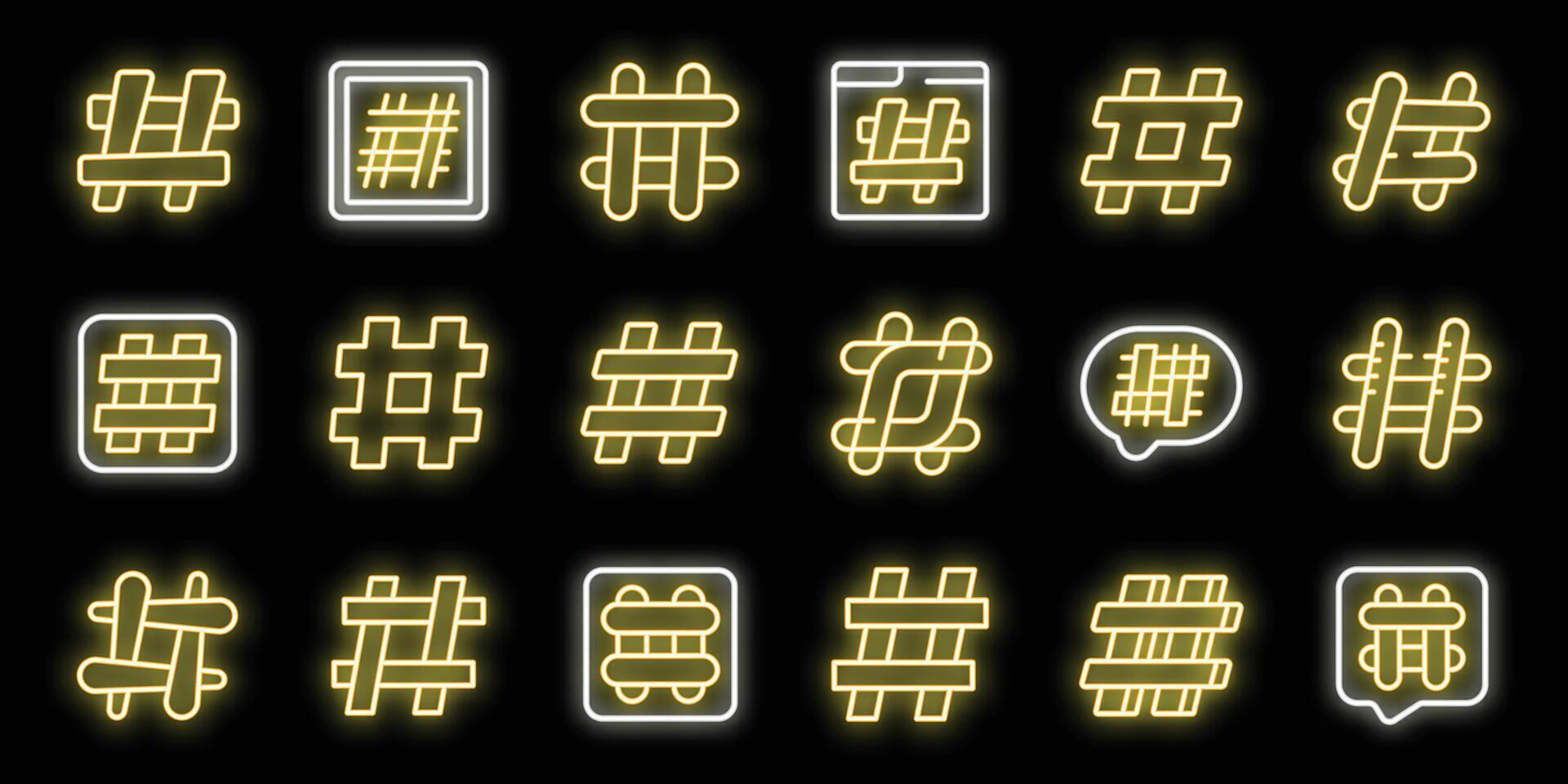 Set of hashtag neon light icons showing different variations of the symbol on black background vector
