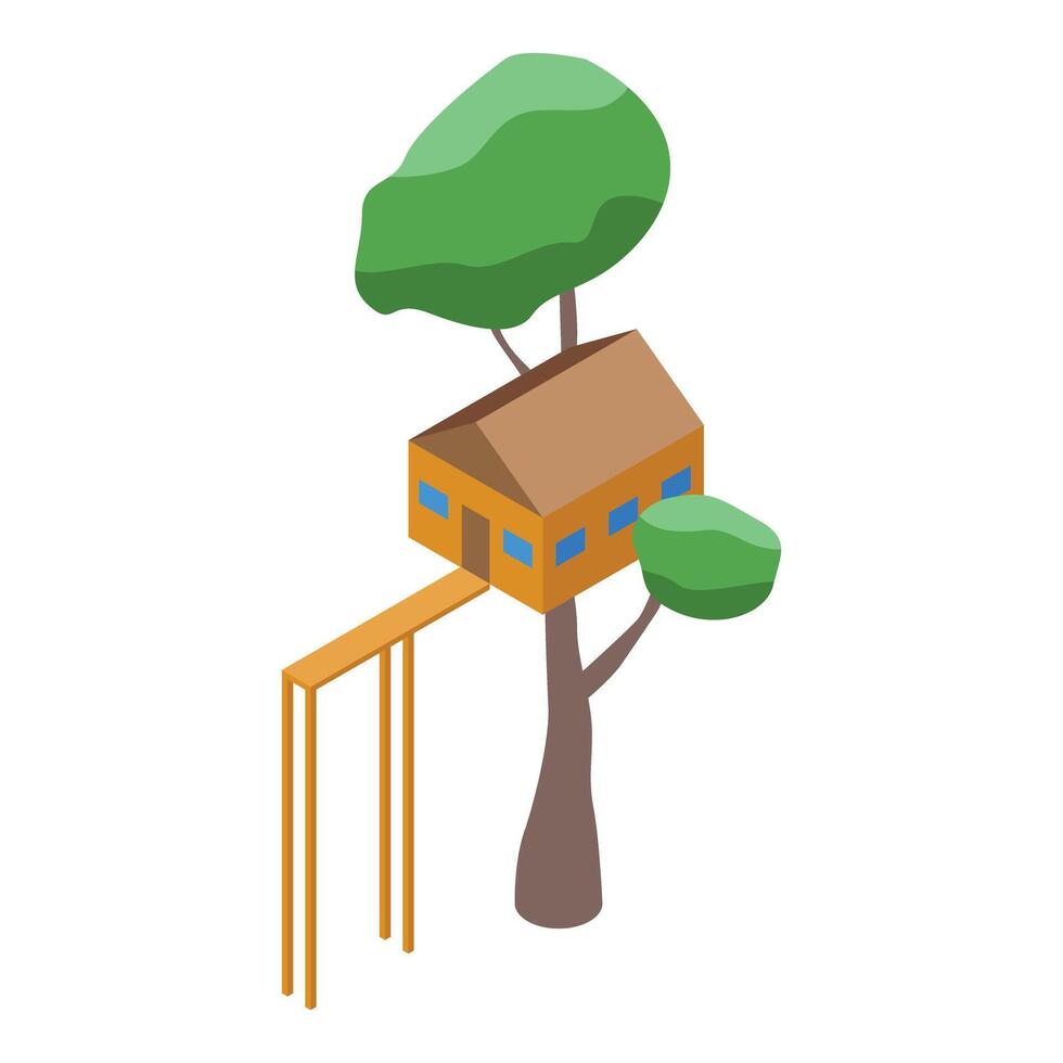 Isometric tree house with wooden bridge and green foliage vector