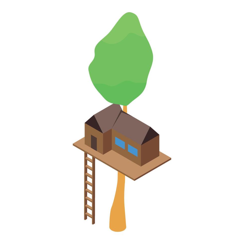 Wooden tree house with ladder and green foliage in isometric view vector