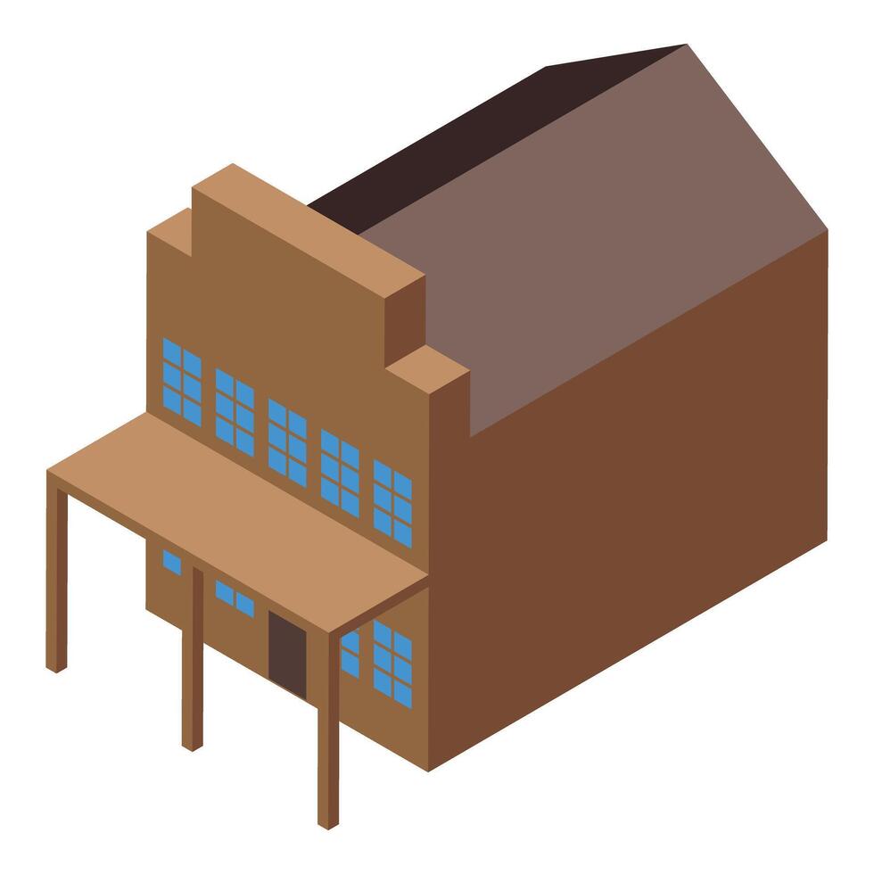 Wild west saloon building with wooden porch and blue windows in isometric view vector