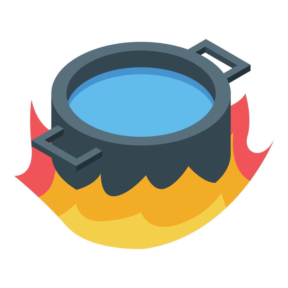 Boiling water in cooking pot over burning fire isometric icon vector