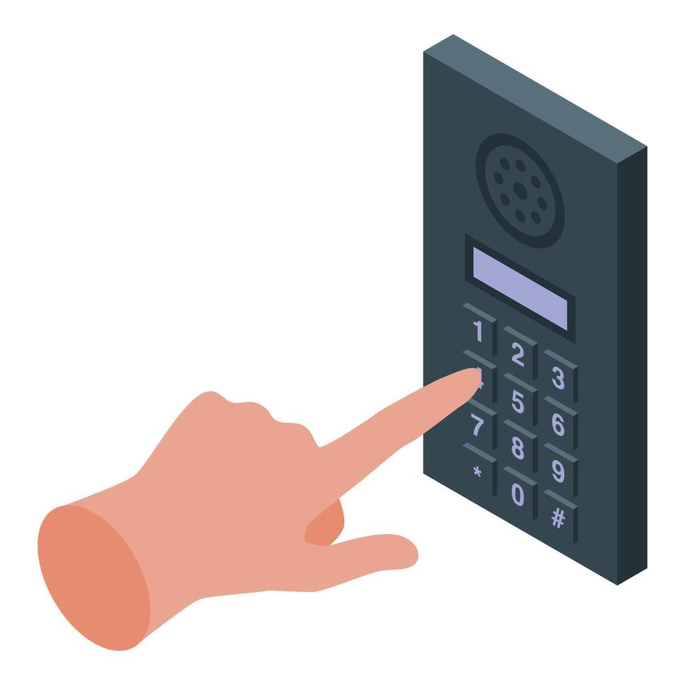 Hand pressing button on intercom keypad, entering security code vector