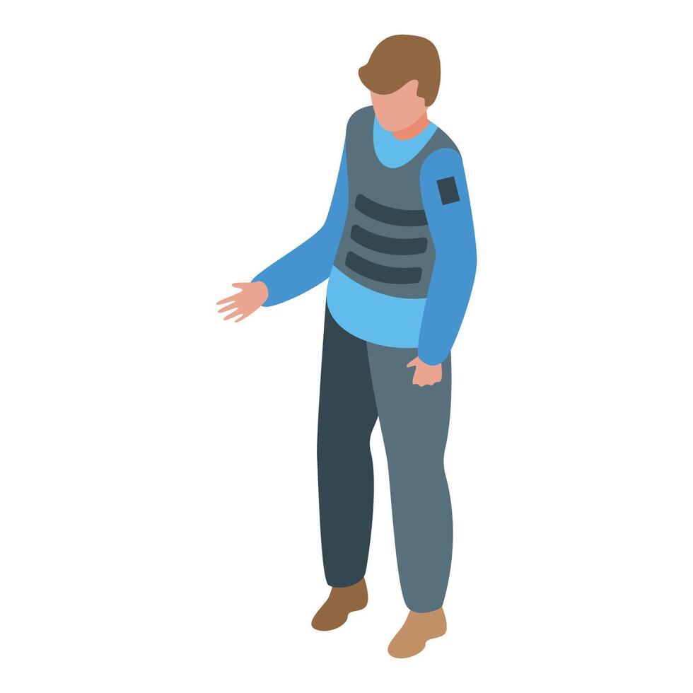 Security guard wearing bulletproof vest making hand gesture vector