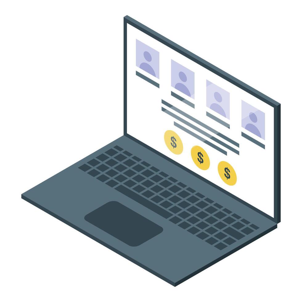 Laptop showing crowdfunding campaign with user profiles and dollar coins vector