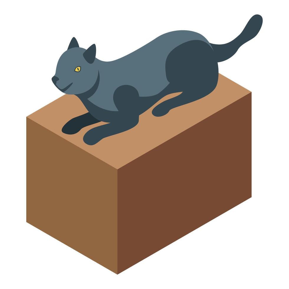 Grey cat relaxing on cardboard box, isometric illustration vector