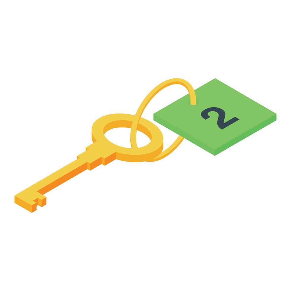 Golden key with number two label hanging, security and access control concept vector