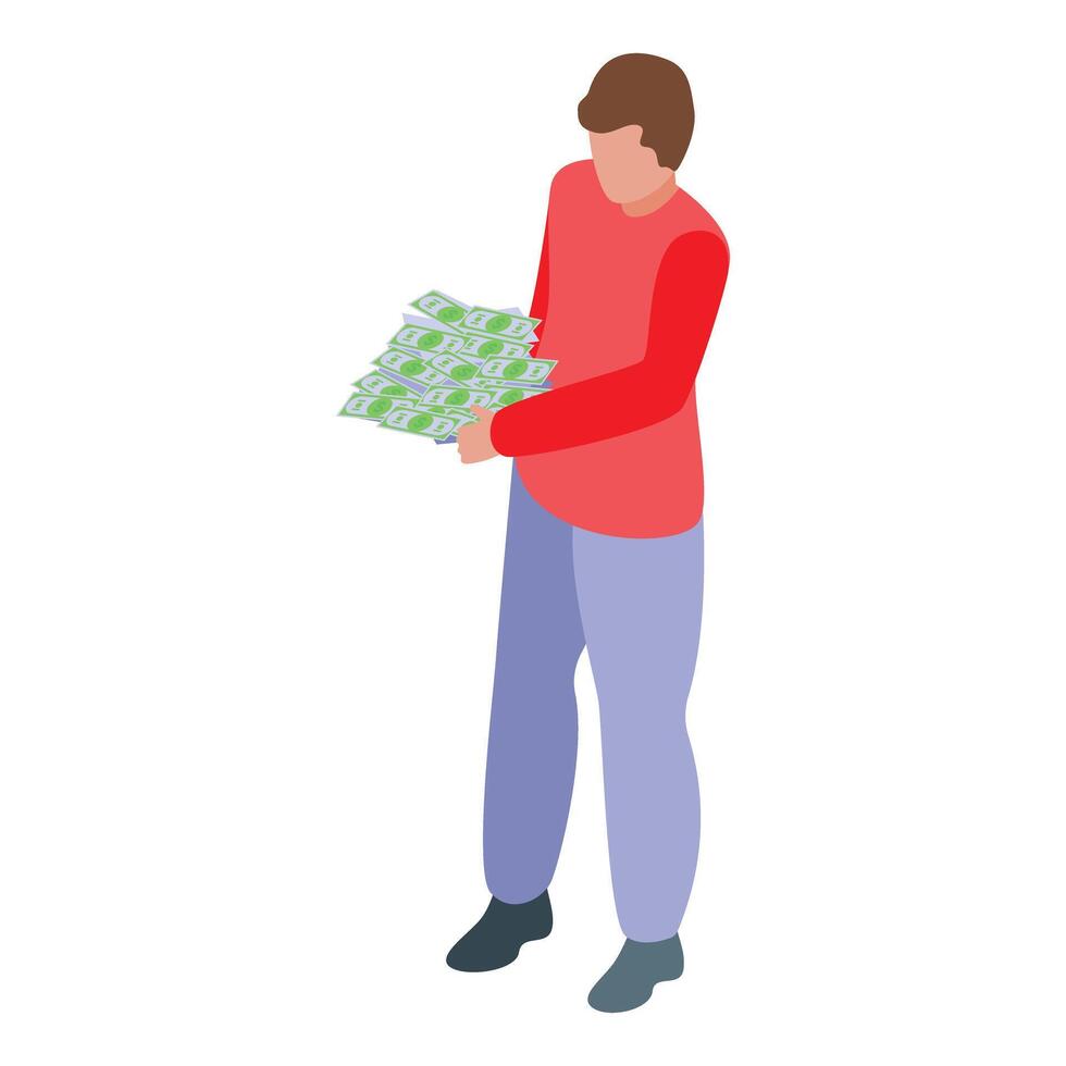 Young man holding stack of money bills, savings and investment concept vector