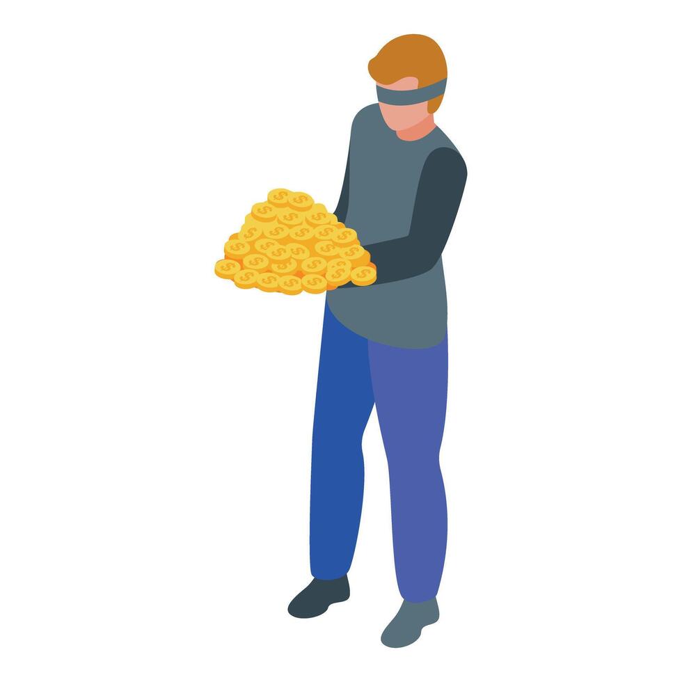 Blindfolded man holding pile of gold coins, corruption and deception vector