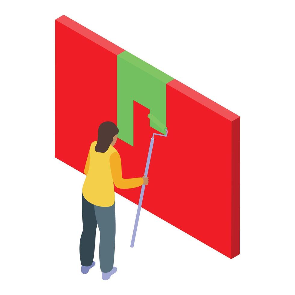 Painter woman painting wall with roller brush isometric view vector