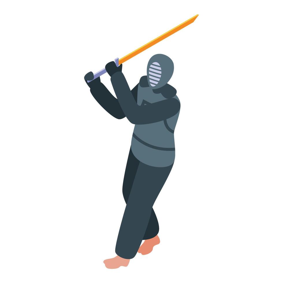 Kendo fighter wearing protective equipment practicing with bamboo sword vector