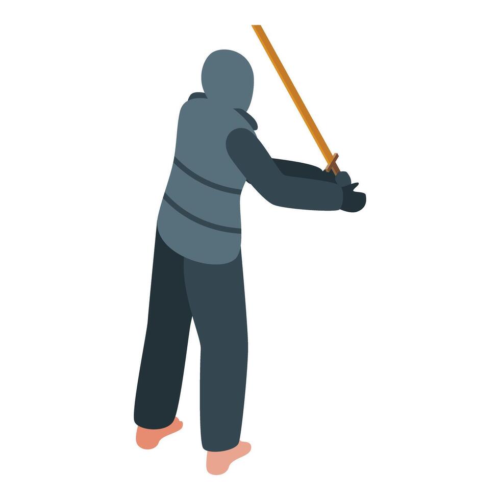 Hooded man practicing kendo with bokken in winter clothes vector