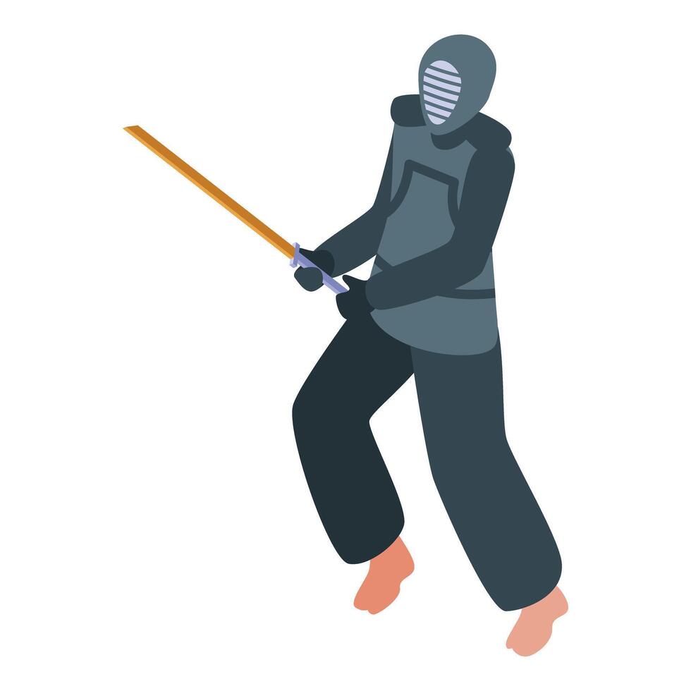 Kendo fighter wearing protective equipment practicing with shinai vector