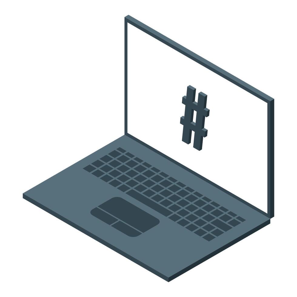 Laptop showing hashtag symbol on screen, isometric view of modern portable computer for social media marketing vector