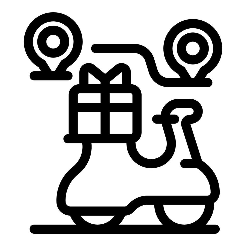 Scooter carrying gift box between two location pins, delivery service and logistics vector