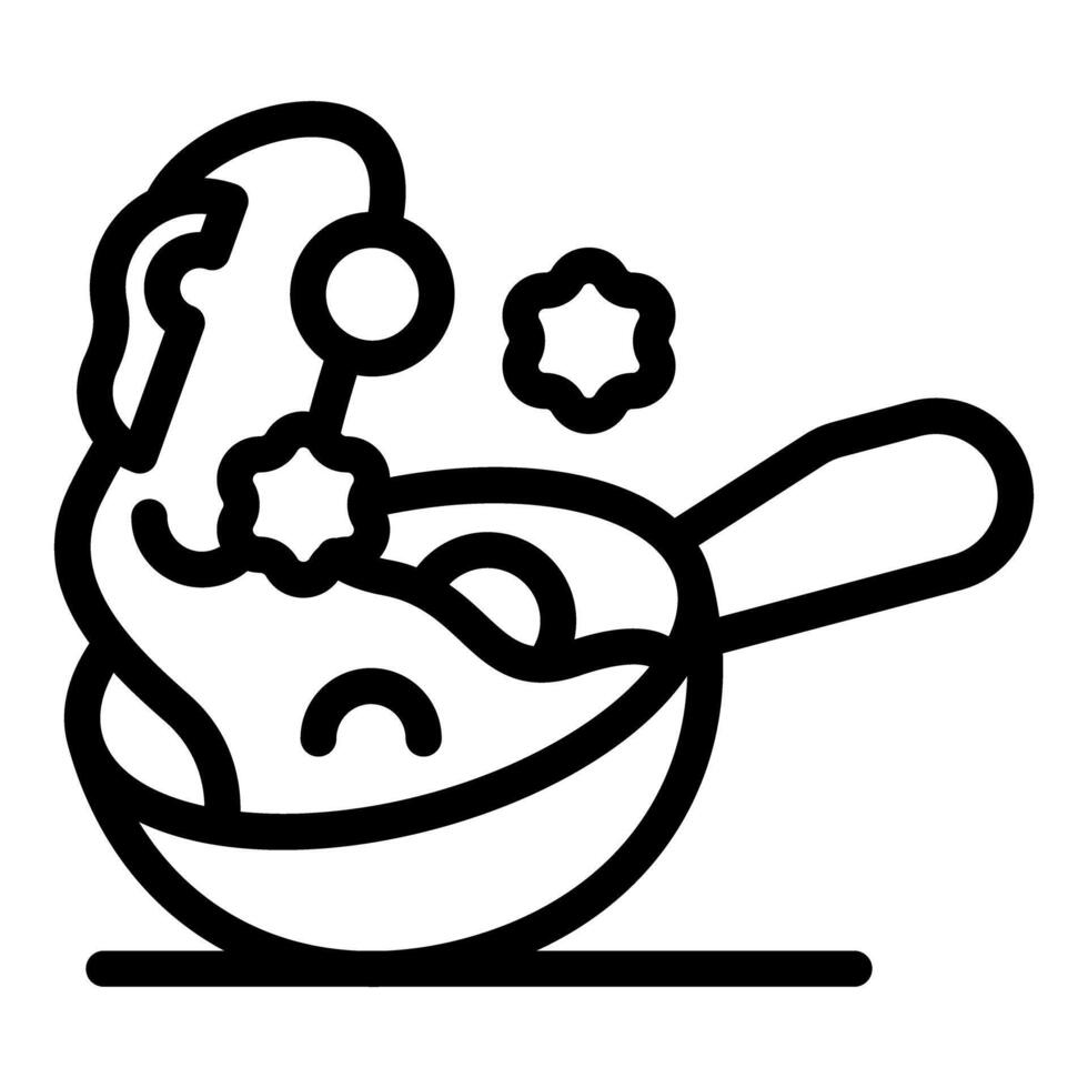 Cooking food in wok pan with hot boiling oil splashing, line icon design vector