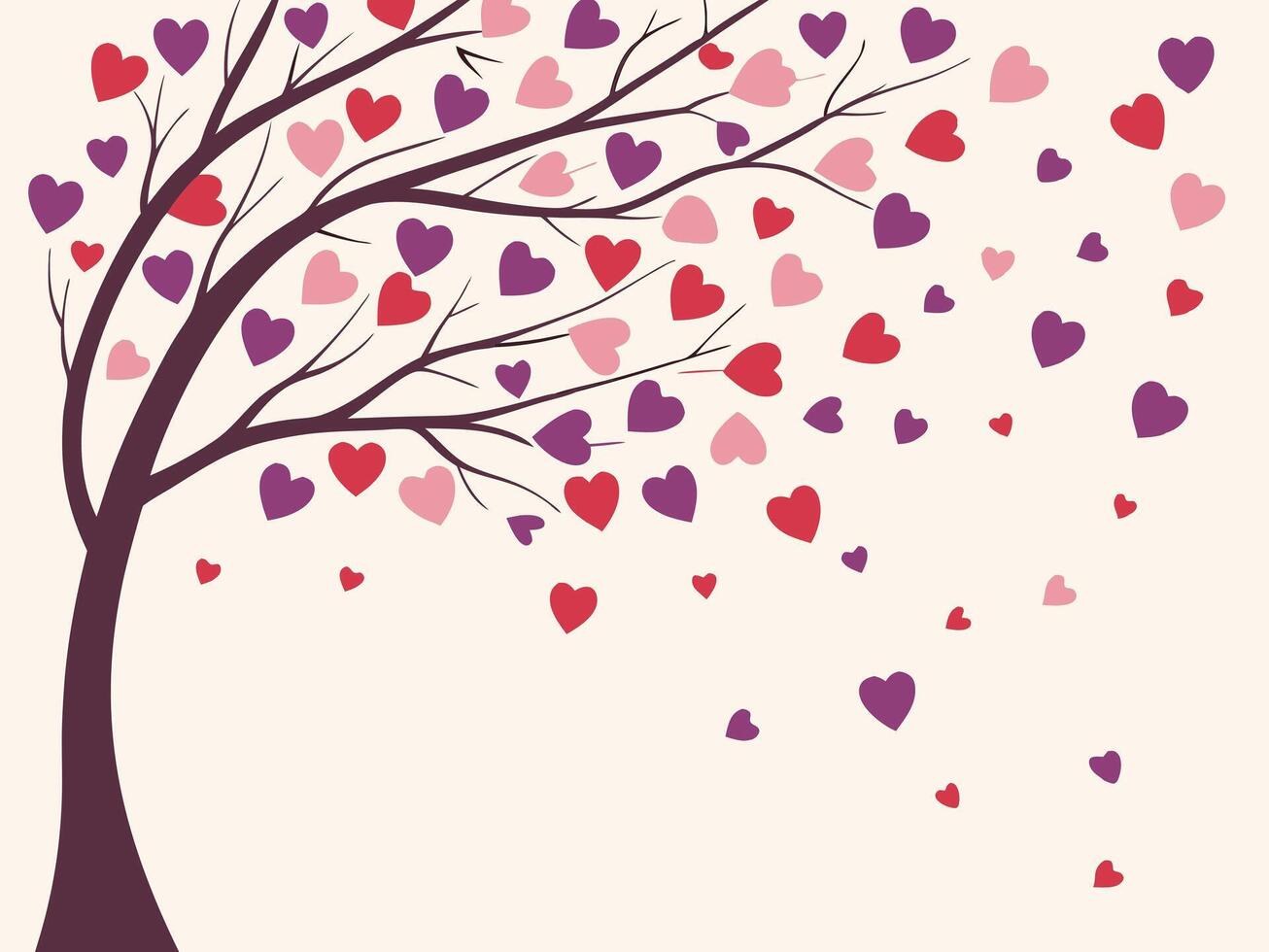 A vibrant cascade of heart-shaped confetti in pink, red, and purple, falling gently on a light neutral backdrop, with plenty of room in the center for text. vector