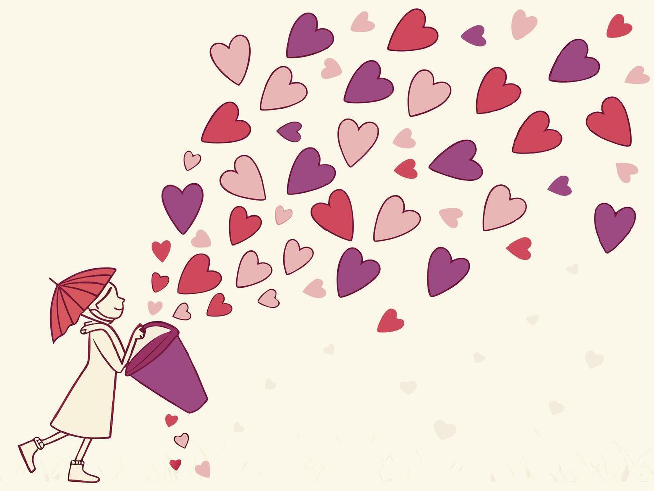 A lively shower of heart-shaped confetti in pink, red, and purple, falling gracefully onto a light, neutral-colored background, with ample space for a message. vector