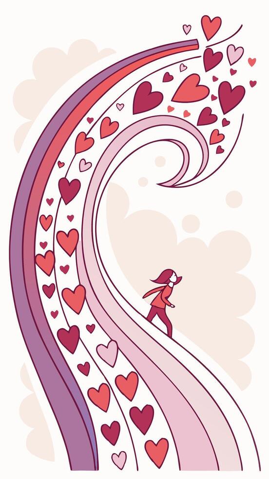 A colorful and dynamic wave of hearts blending from red to pink to purple, leaving the central area blank for text. vector
