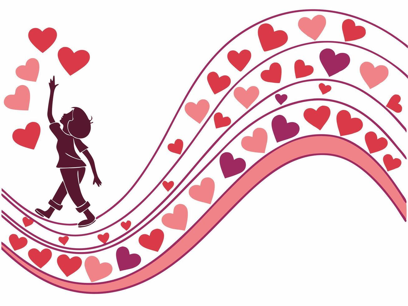 a flowing wave pattern with hearts in a gradient of red to pink to purple, creating a colorful and dynamic effect. Leave the middle area clear for copy. vector