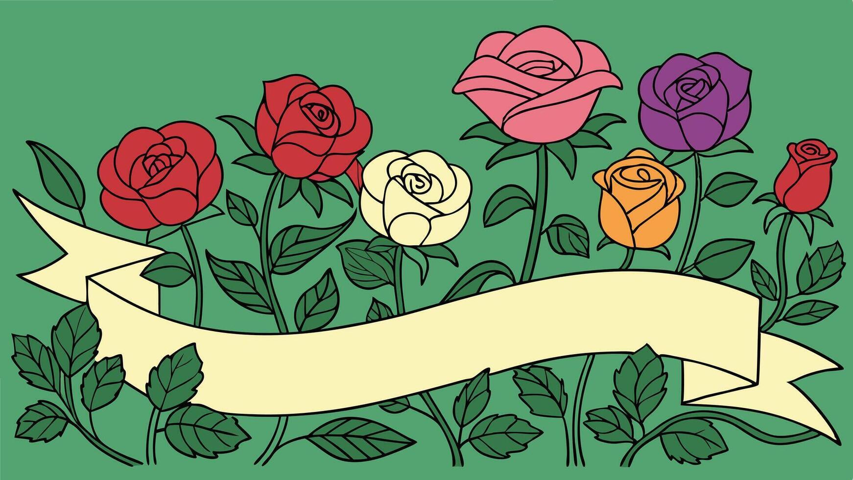 a bold, colorful rose garden with roses in hues of red, pink, yellow, and purple against a green background. Leave plenty of space in the center for a romantic message. vector