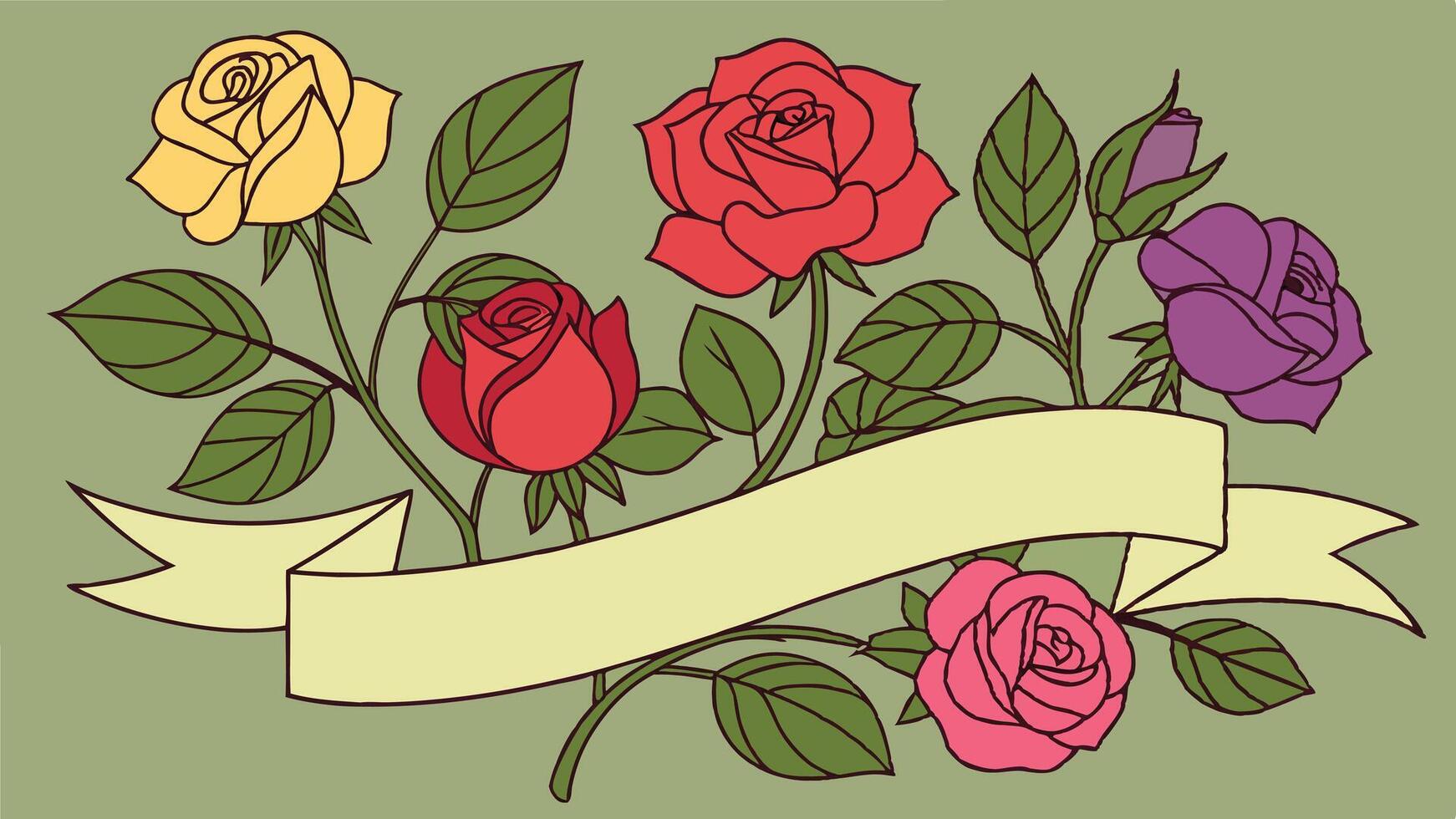 A colorful display of roses in shades of red, pink, yellow, and purple blooming against a green backdrop, with ample space in the middle for a heartfelt note. vector