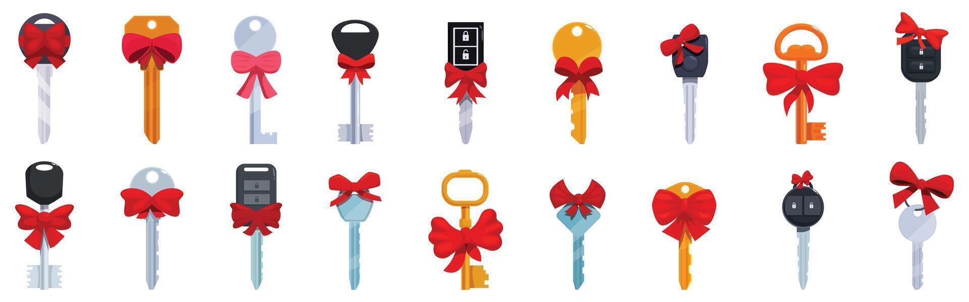 Key bow icons set. Keys with red gift bows celebrating special occasions and new beginnings vector