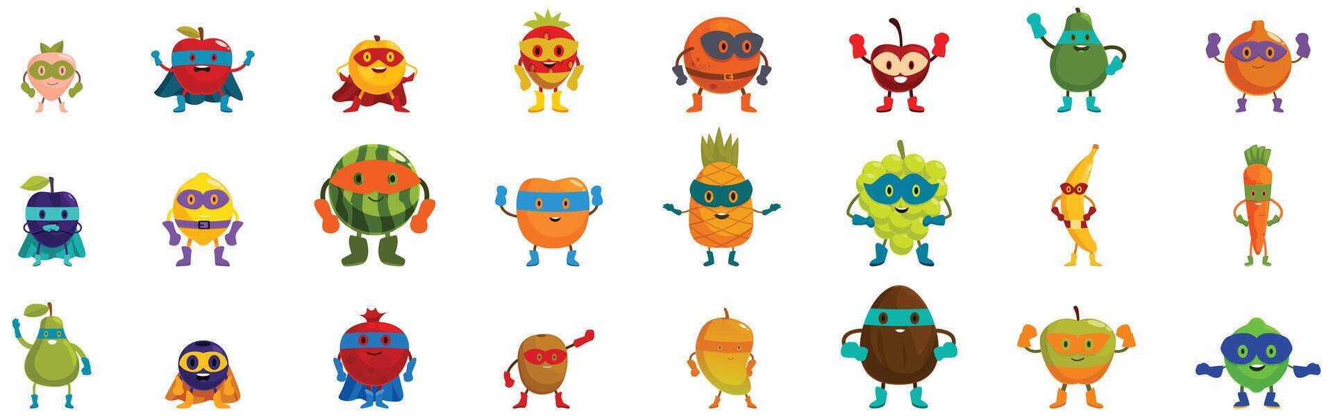 Superhero fruit icons set. Cartoon superhero fruits and vegetables posing confidently vector