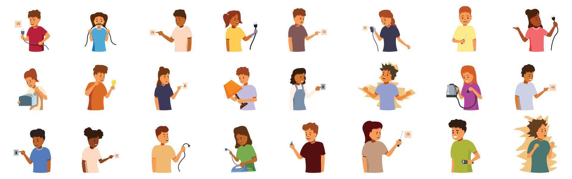 Kids electricity icons set. Kids learning about electricity, children exploring electrical appliances and safety vector