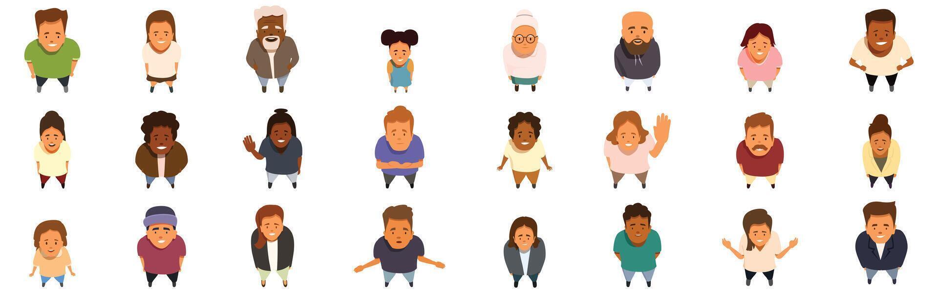 Top view people looking up icons set. Diverse crowd of people looking up, top view perspective vector